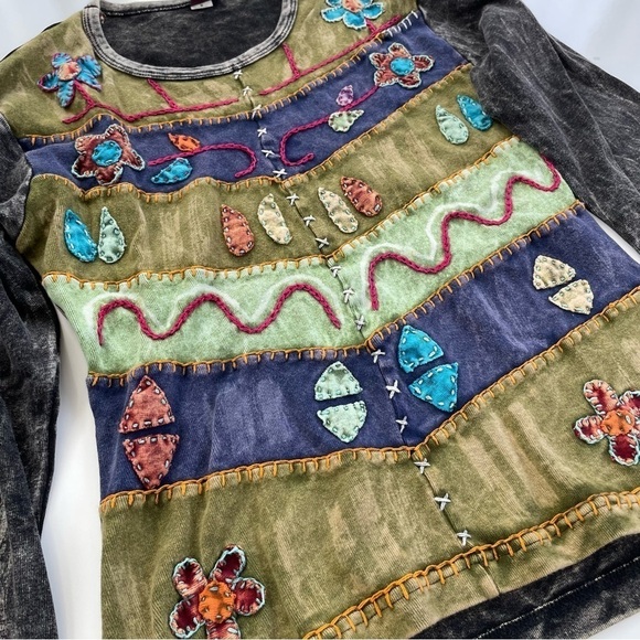 KPC Women's Moss Green Gray Artsy Boho Patchwork Long sleeve Top Size Medium - Picture 4 of 8